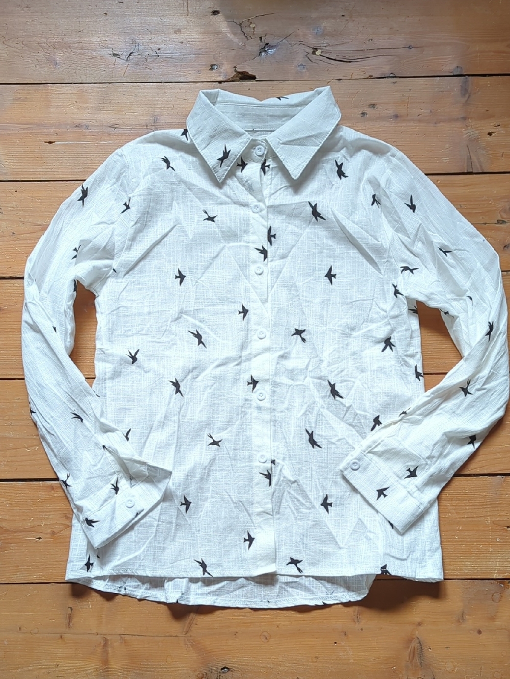 308-EUC White Button-Up Shirt with Black Bird Print